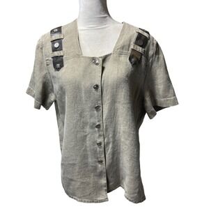 Arido Trachten Linen‎ Button Leather Strap Top Short Sleeve Square Neck Size 44